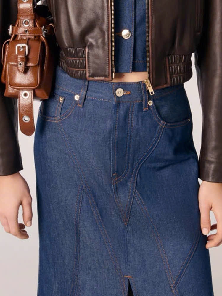 Chân váy Maje dài jeans Denim xẻ trước