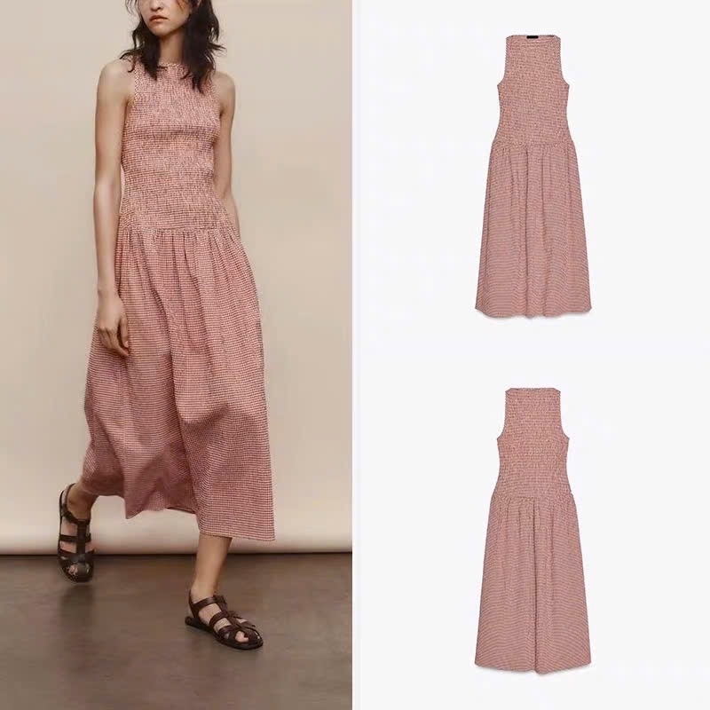 Váy midi sát nách Zara chun thân kẻ đỏ