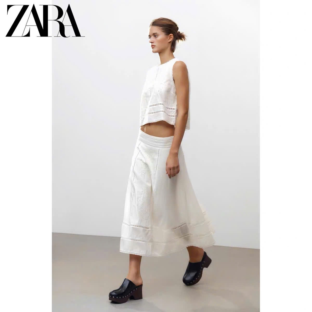 Set Zara trắng ren dập hoa màu kem