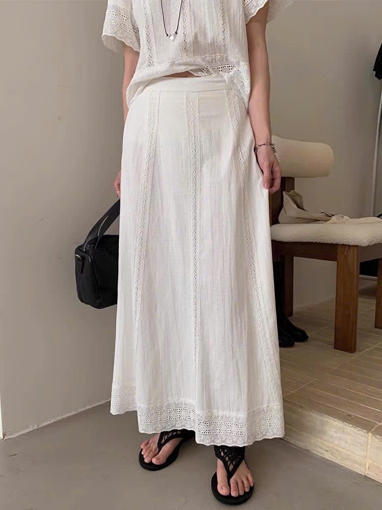 Chân váy midi Zara đũi trắng ren 3D