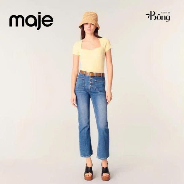 Áo Maje dệt kim vàng cổ vuông