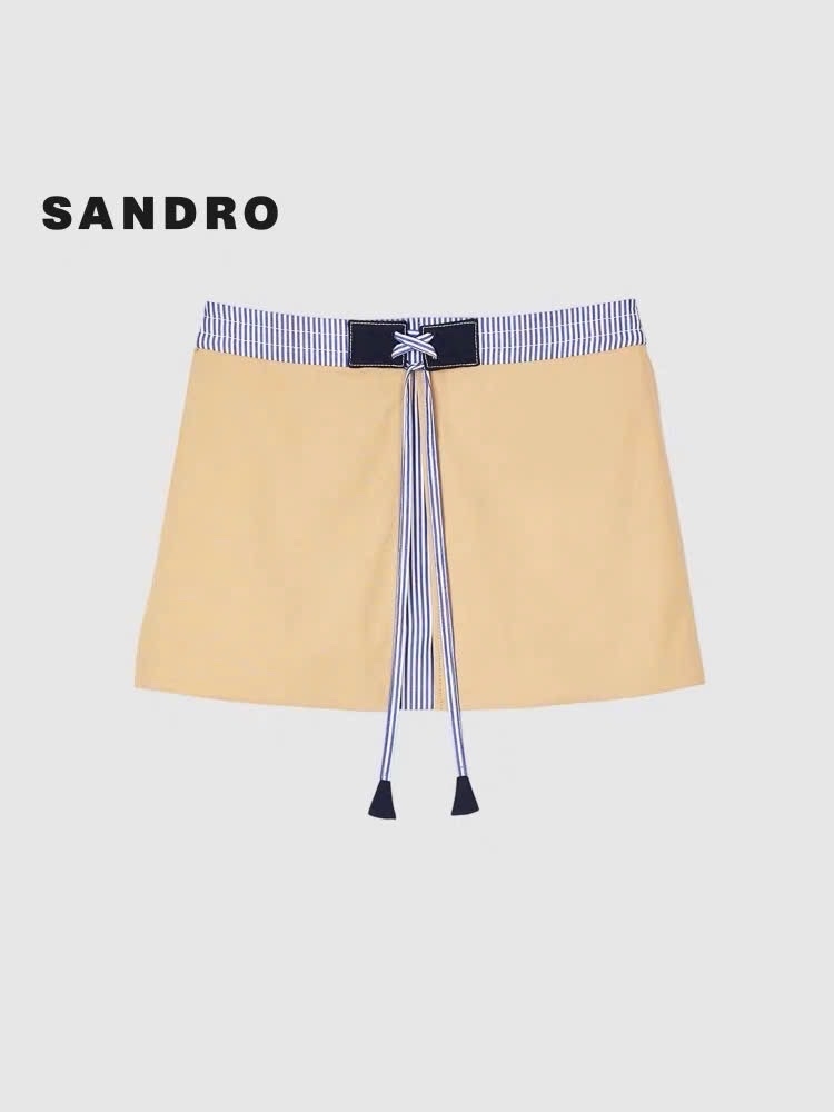 Chân váy mini Sandro màu khaki cải kẻ dây rút
