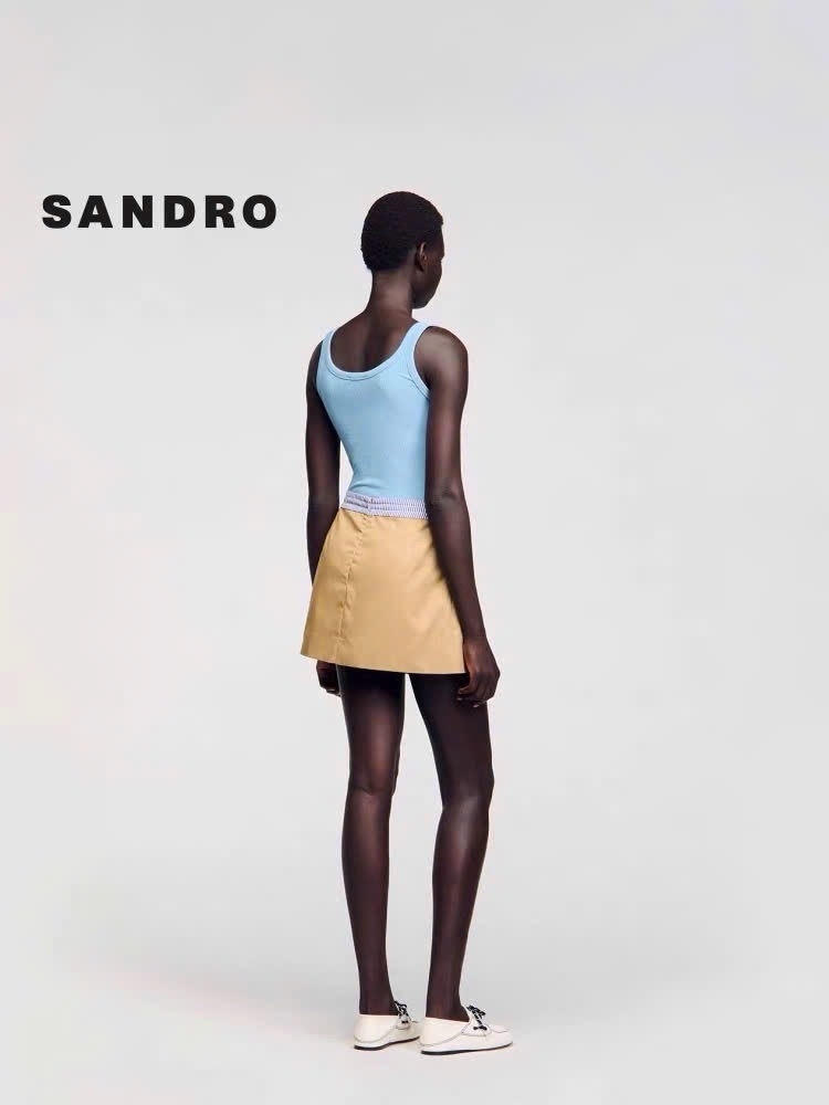Chân váy mini Sandro màu khaki cải kẻ dây rút