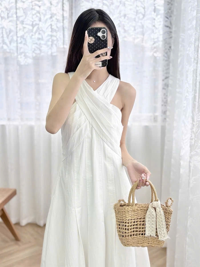 Váy maxi Sandro cổ yếm trắng