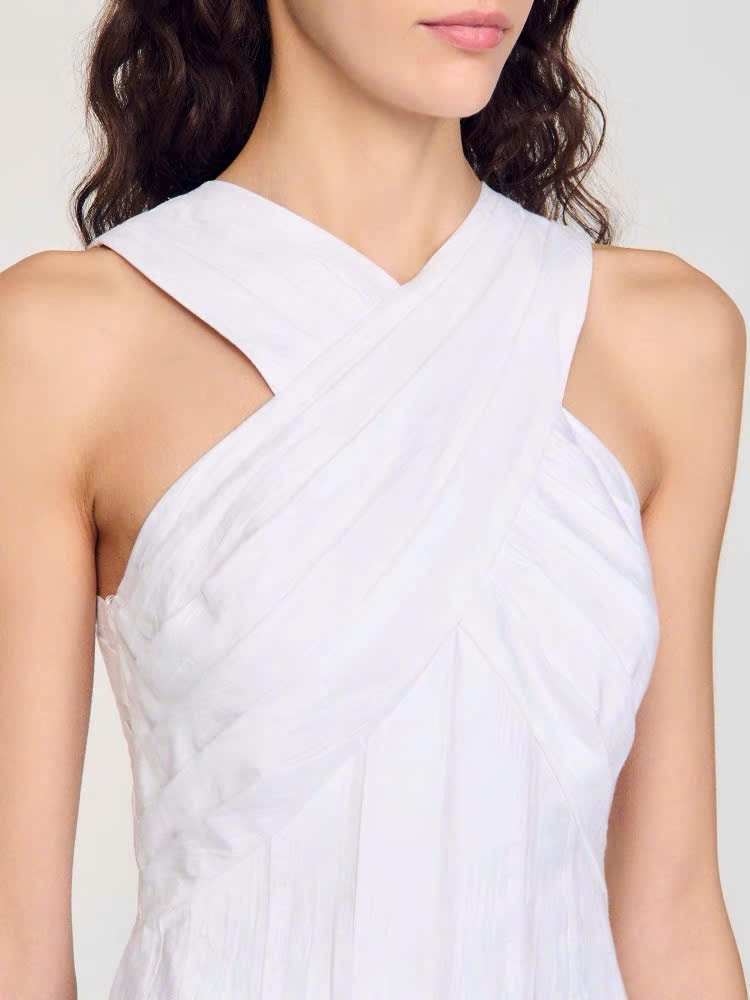 Váy maxi Sandro cổ yếm trắng