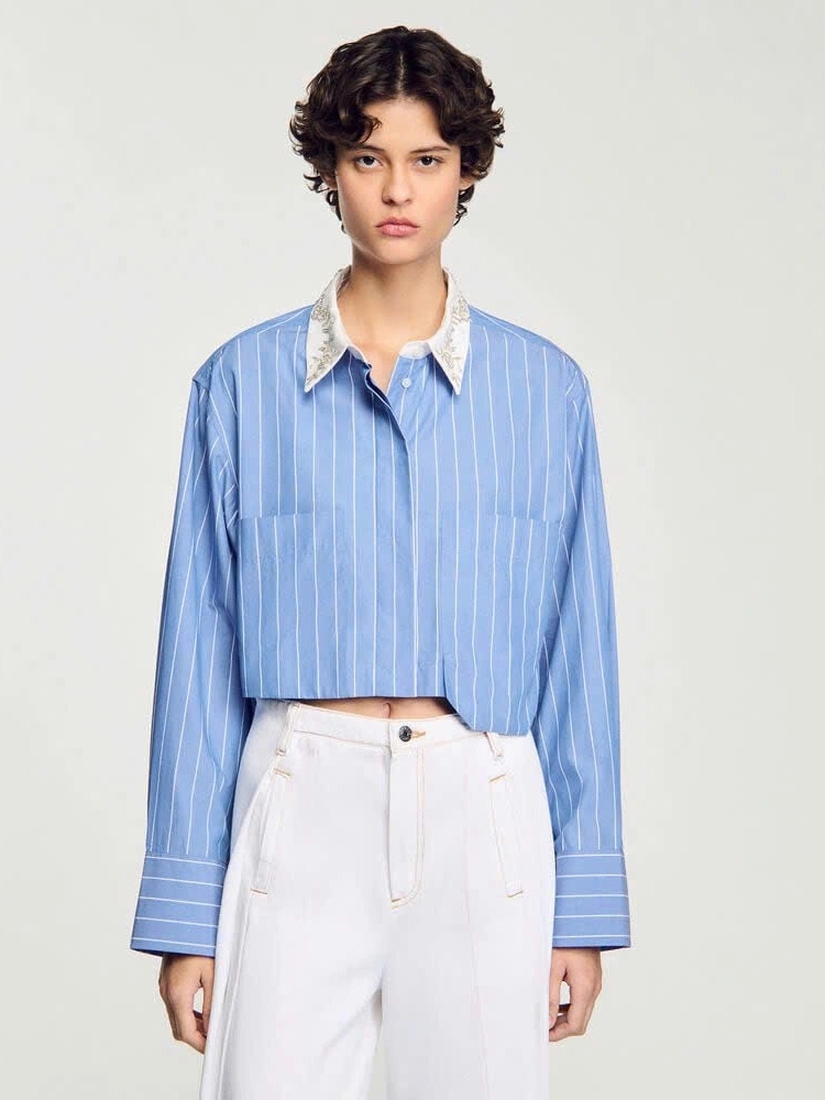 Sơ mi dáng crop kẻ sọc Sandro