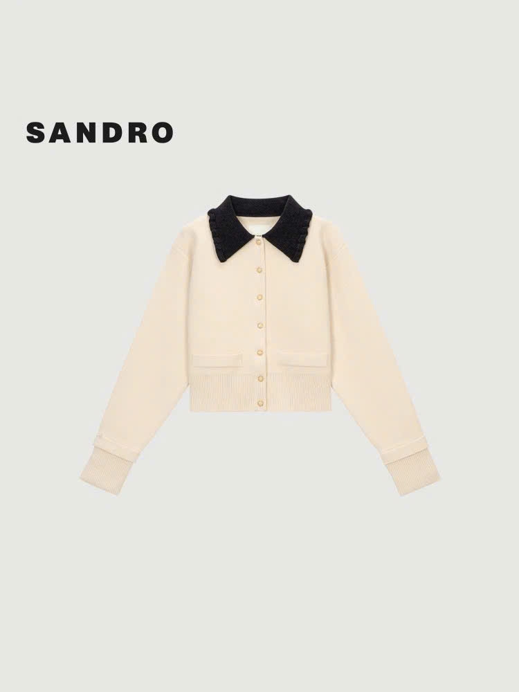 CDG Sandro len nhung khuy ngọc trai màu kem cổ bẻ đen