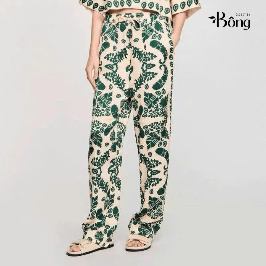 Set lụa hoa xanh Sandro (Sơ mi + Quần suông không tách)