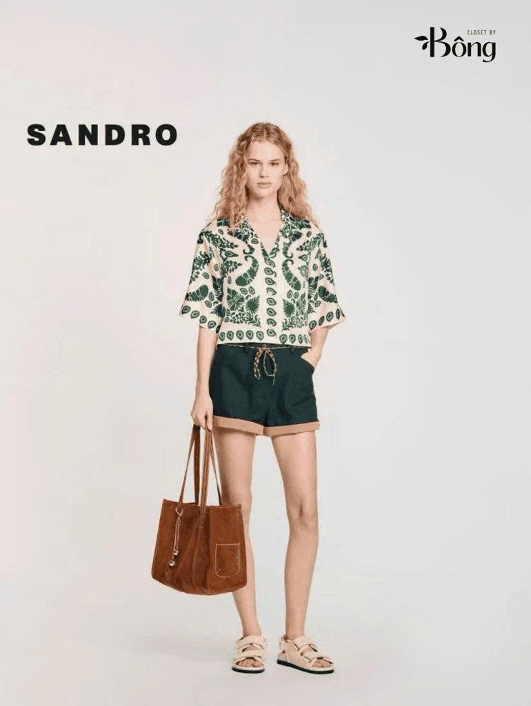 Set lụa hoa xanh Sandro (Sơ mi + Quần suông không tách)