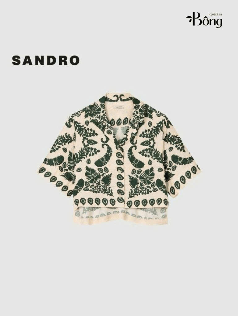 Set lụa hoa xanh Sandro (Sơ mi + Quần suông không tách)