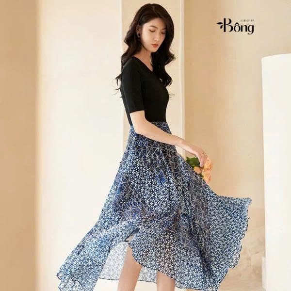 Váy maxi lụa Maje cải cotton đen hoa xanh