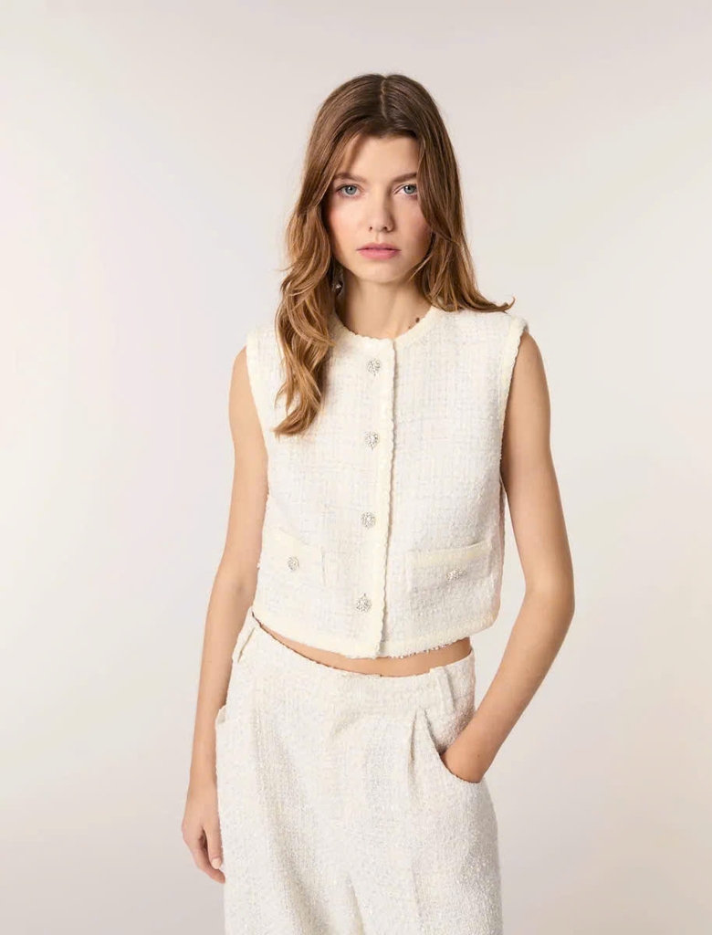 Áo khoác gile tweed sequin dáng ngắn croptop