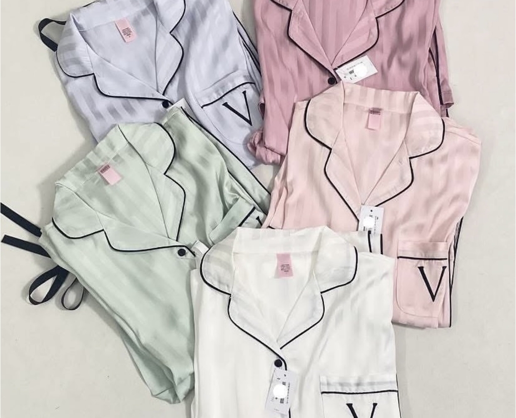 Set lụa Victoria Secret kẻ chìm ngắn tay