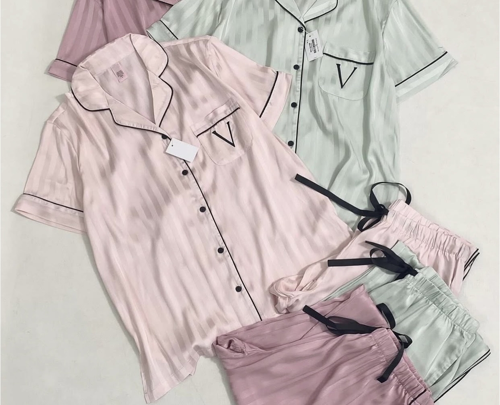 Set lụa Victoria Secret kẻ chìm ngắn tay