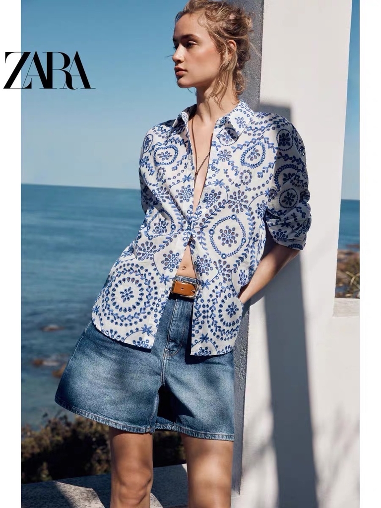 Sơ mi Zara trắng cổ đức thêu ren chỉ