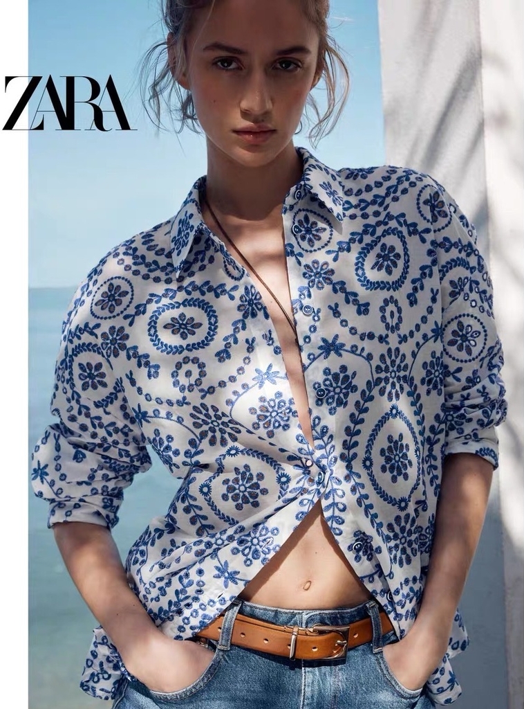 Sơ mi Zara trắng cổ đức thêu ren chỉ