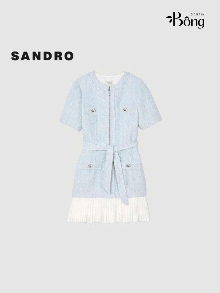 Váy dạ Sandro cộc tay 4 túi trước màu xanh kèm belt chân xếp ly