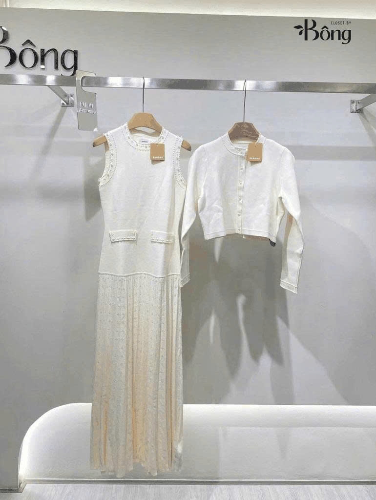 CDG Sandro dệt kim màu kem viền ngọc trai (2pcs)