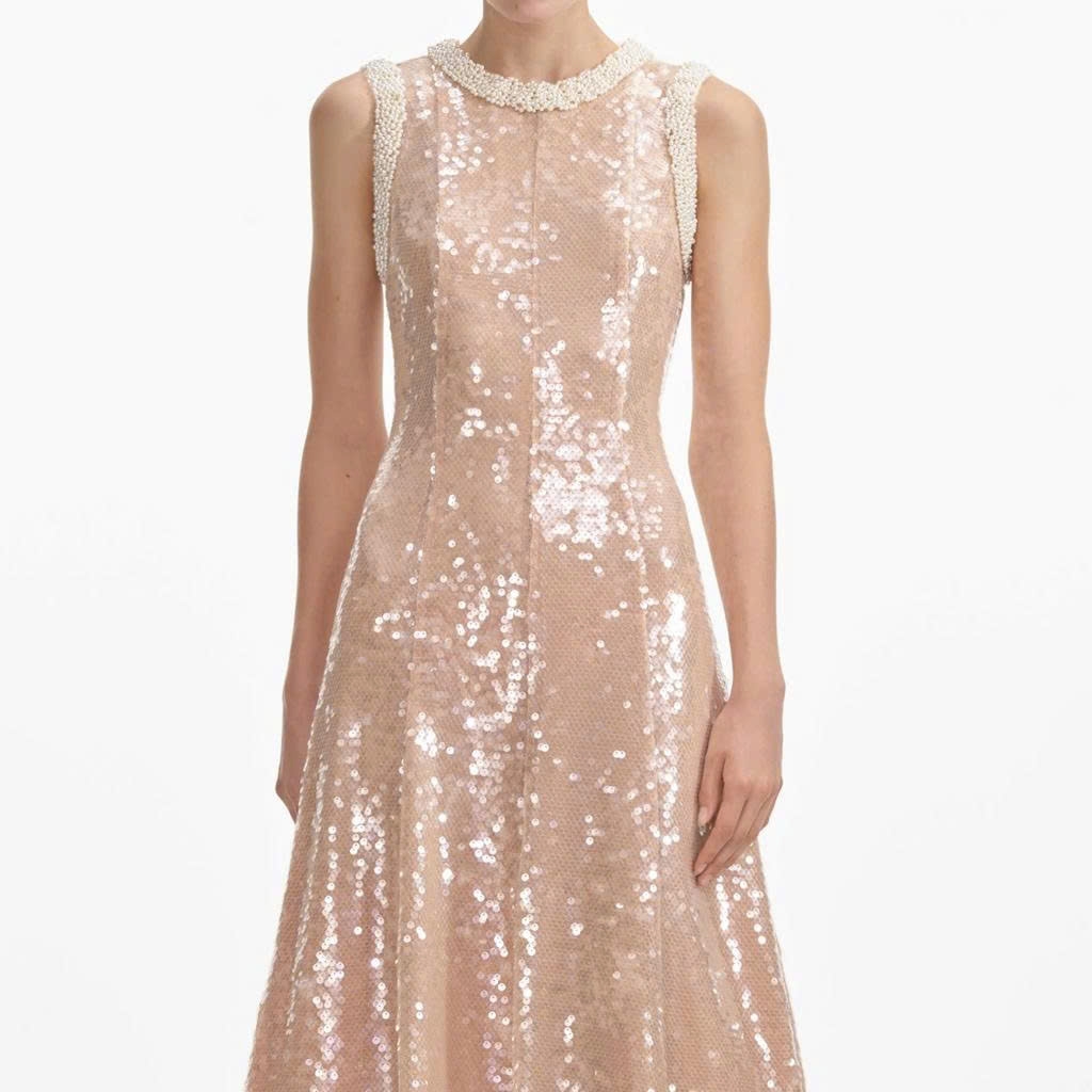 Váy Sel-Portrait bling sequin nude cổ ngọc trai sát nách dáng maxi A