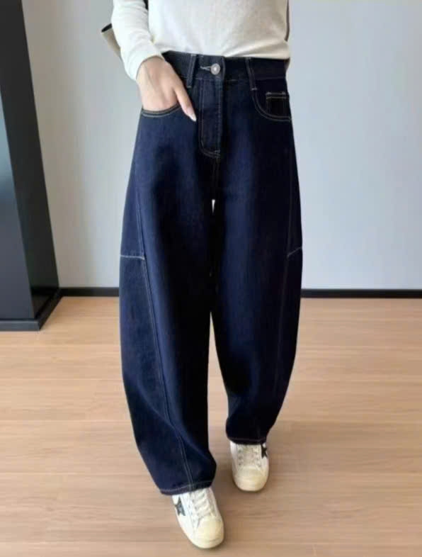 Quần denim xuất Hàn cạp cao ống cong
