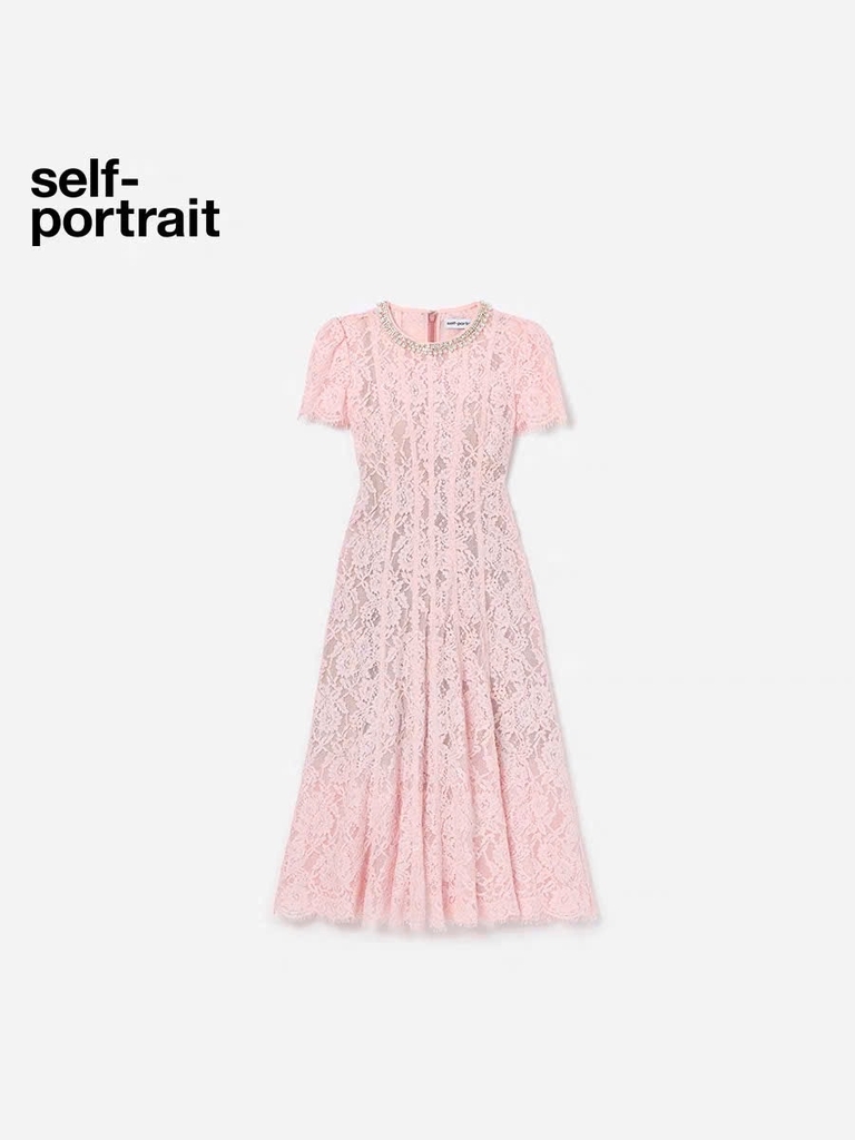 Váy Sel-Portrait midi hồng ren cổ đá