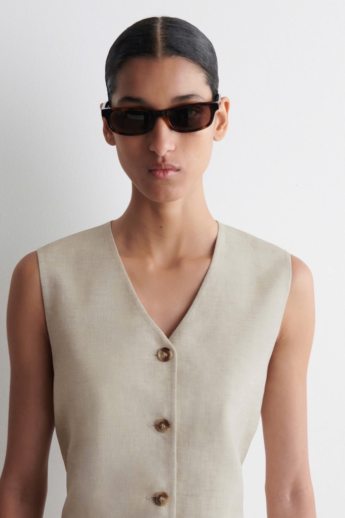 Váy COS linen sát nách khuy trước dáng A kèm belt