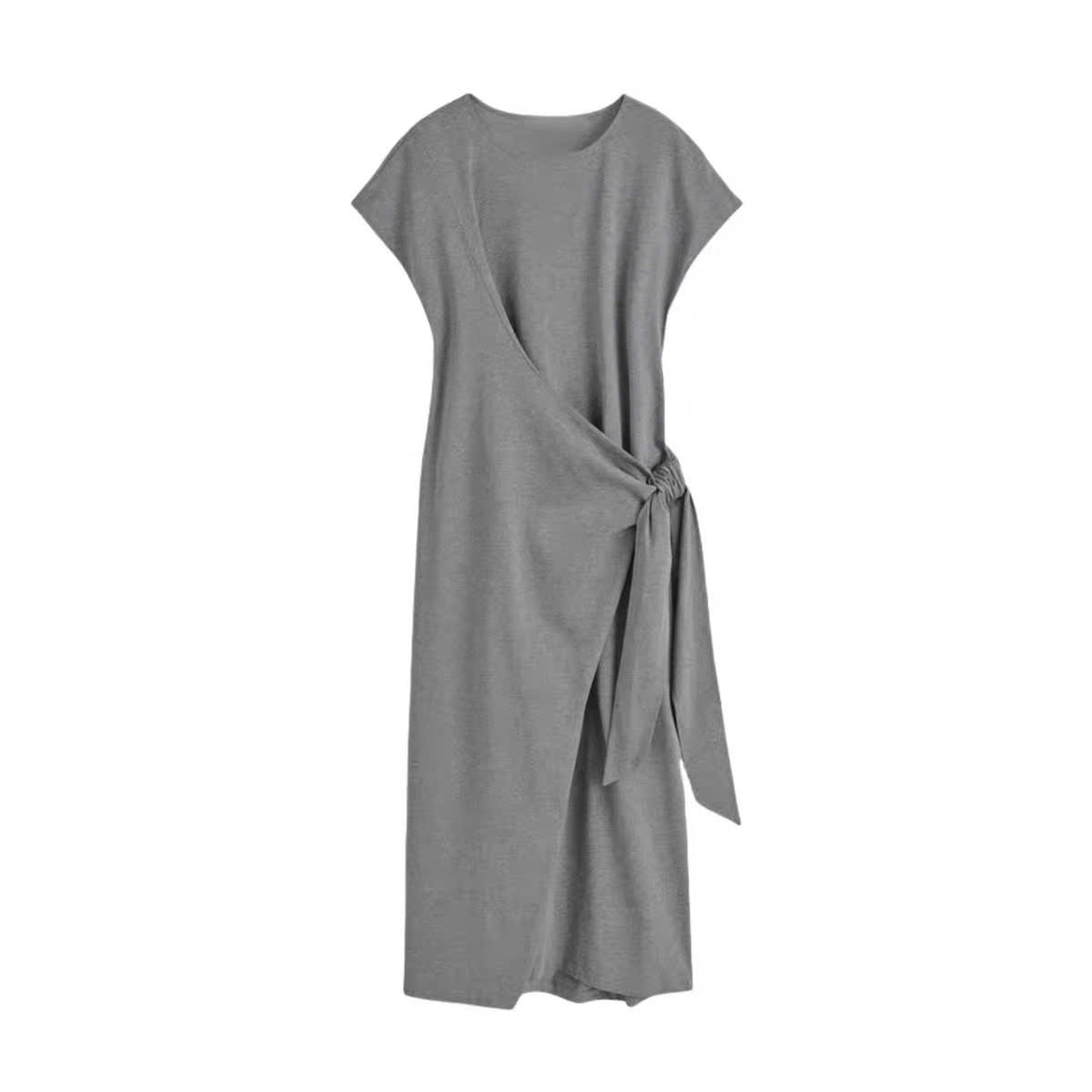 Maxi COS cổ tròn màu ghi cột belt