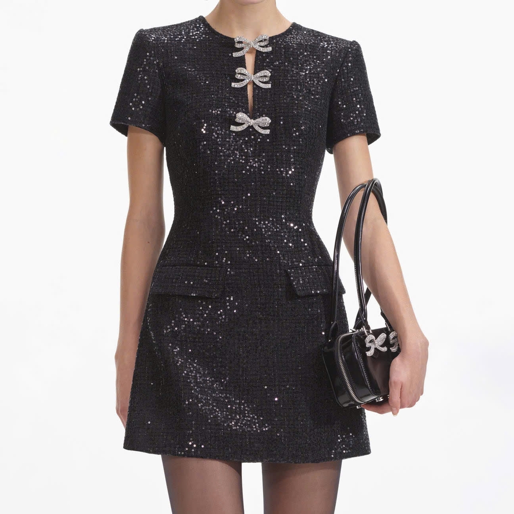 Váy Sel-Portrait sequin đen 3 nơ đá ngực ngắn tay