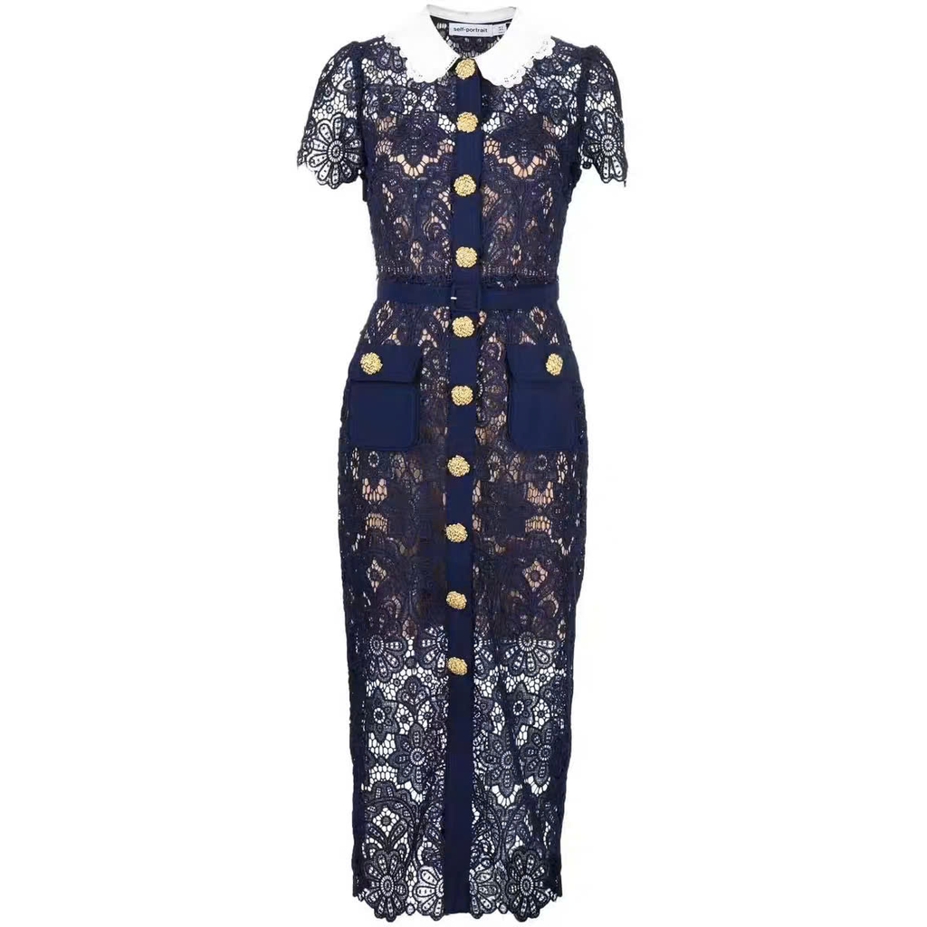 Váy ren 3D Sel-Portrait xanh navy cổ sen trắng khuy charm vàng