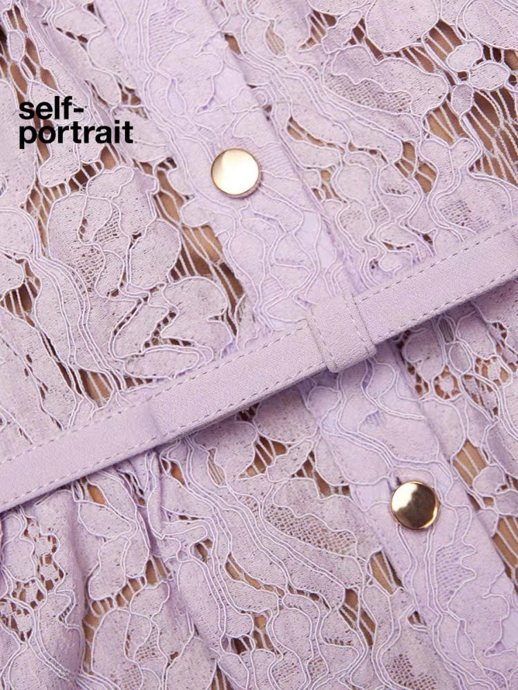 Váy Sel-Portrait ren 3D hồng cổ trắng dáng midi kèm belt