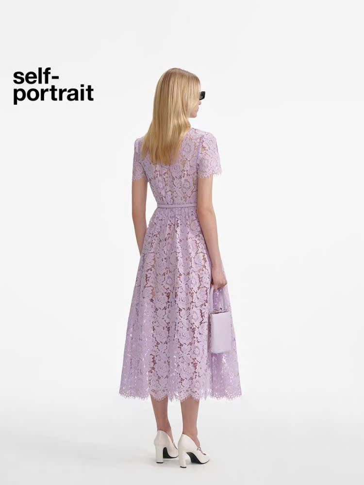 Váy Sel-Portrait ren 3D hồng cổ trắng dáng midi kèm belt