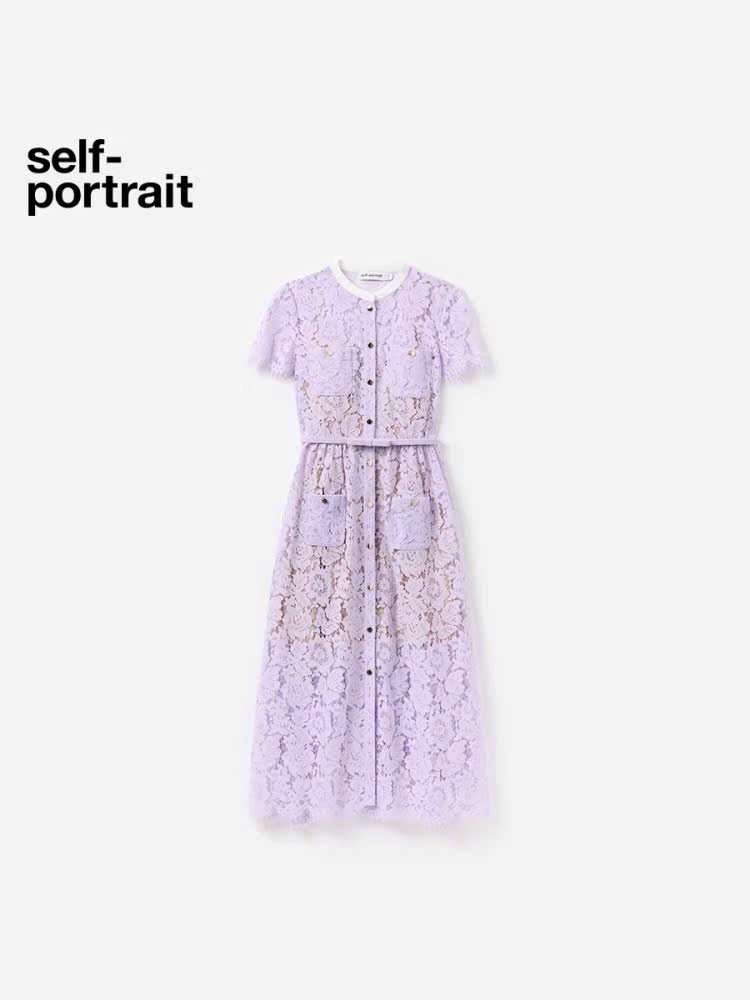 Váy Sel-Portrait ren 3D hồng cổ trắng dáng midi kèm belt