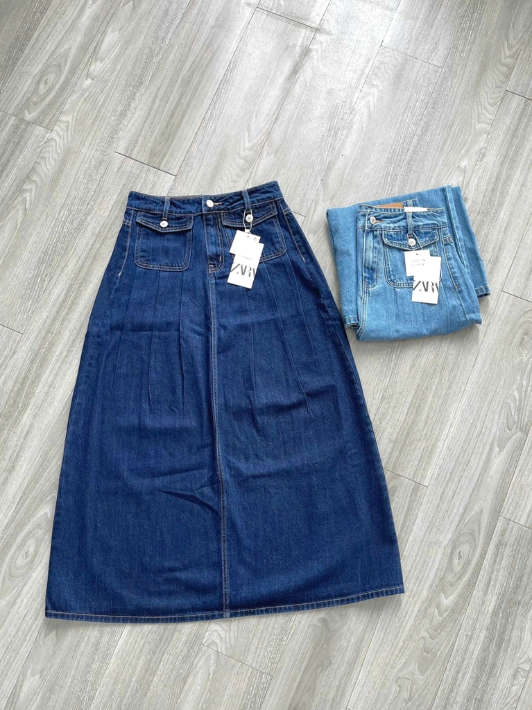Chân váy denim Zara midi ly trước