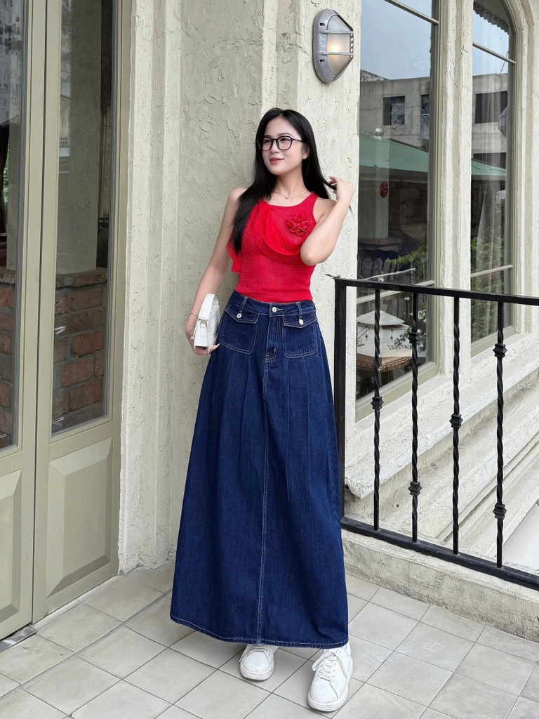 Chân váy denim Zara midi ly trước