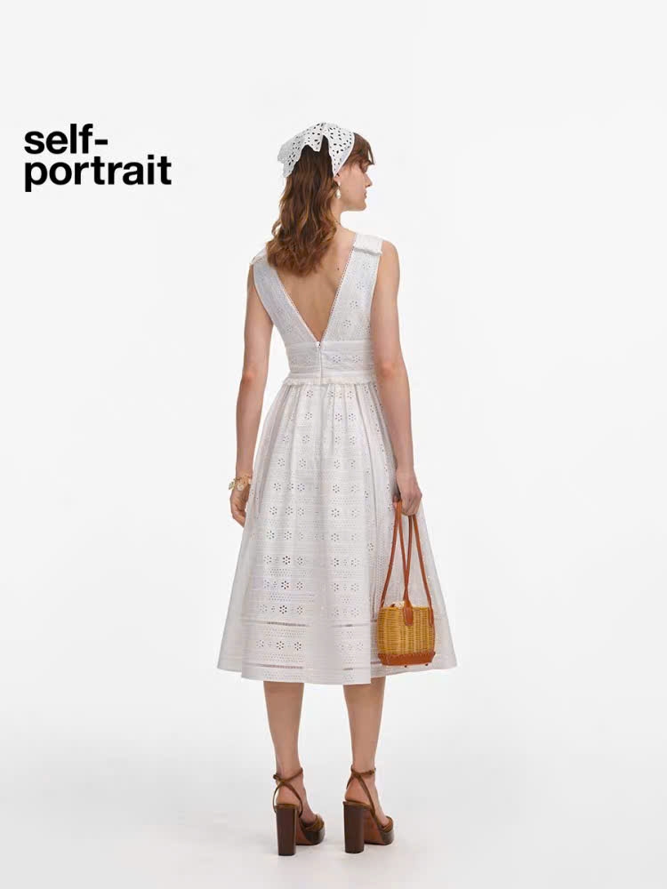 Váy maxi Sel-Portrait ren dập sát nách nơ ngực