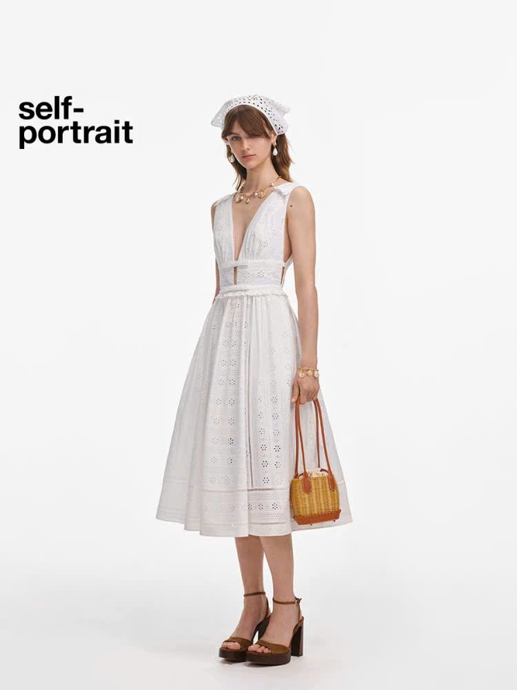 Váy maxi Sel-Portrait ren dập sát nách nơ ngực