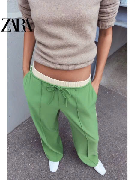 Quần Zara xanh neon cạp chun trắng dáng suông