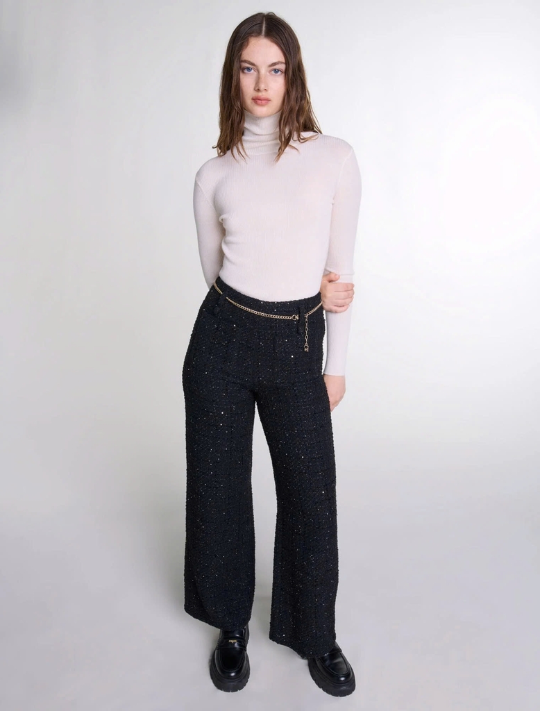 Quần suông MAJE dạ tweed đen bling kèm belt xích (set 3pcs tách)