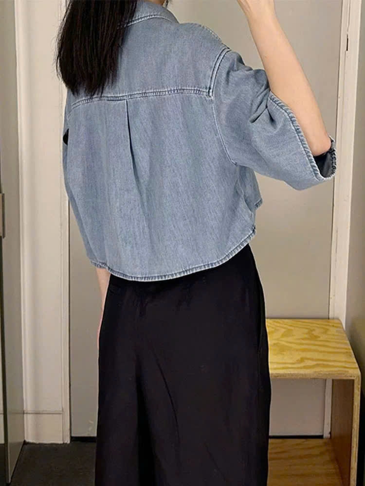 Sơ mi COS denim cổ bẻ dáng crop