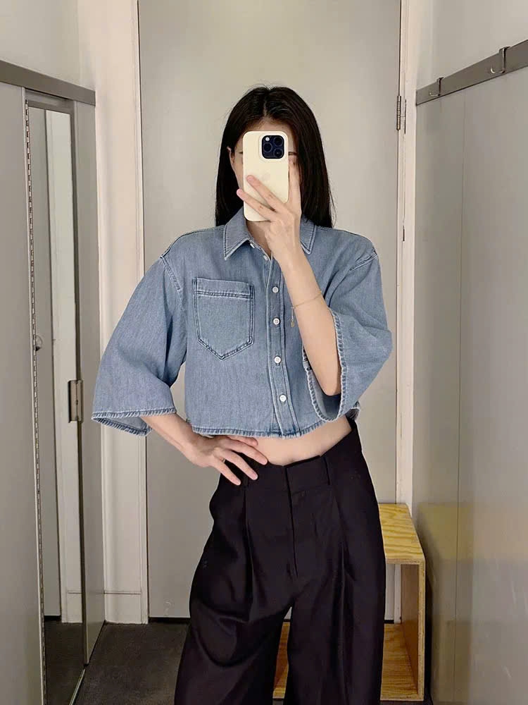 Sơ mi COS denim cổ bẻ dáng crop