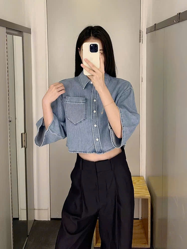 Sơ mi COS denim cổ bẻ dáng crop