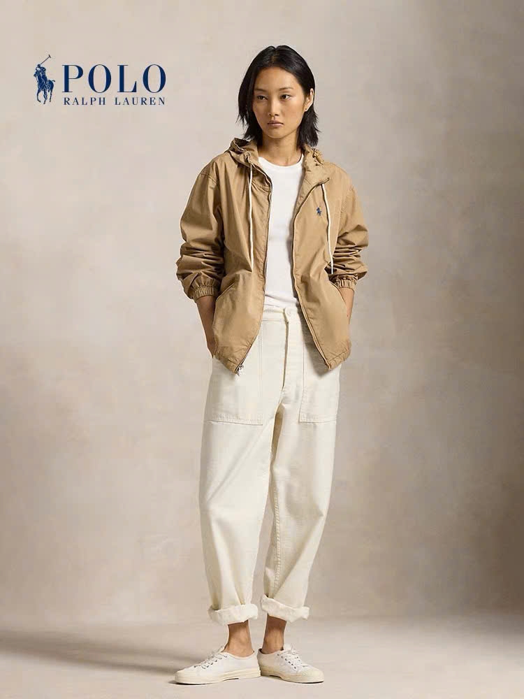 Jacket khaki Polo RL có mũ thêu logo đỏ