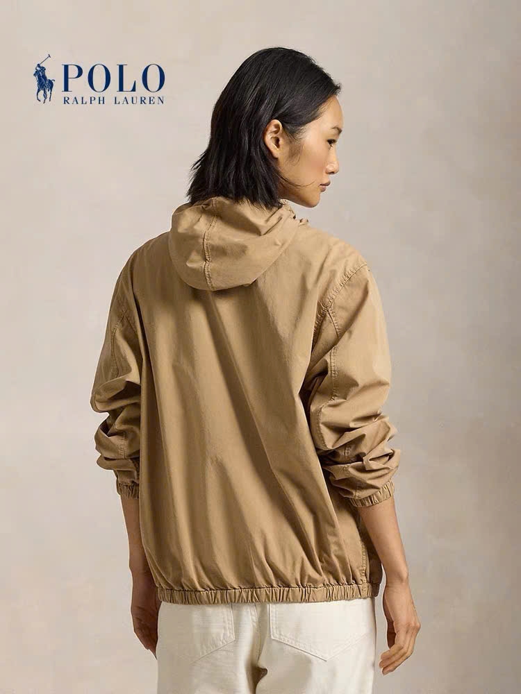 Jacket khaki Polo RL có mũ thêu logo đỏ