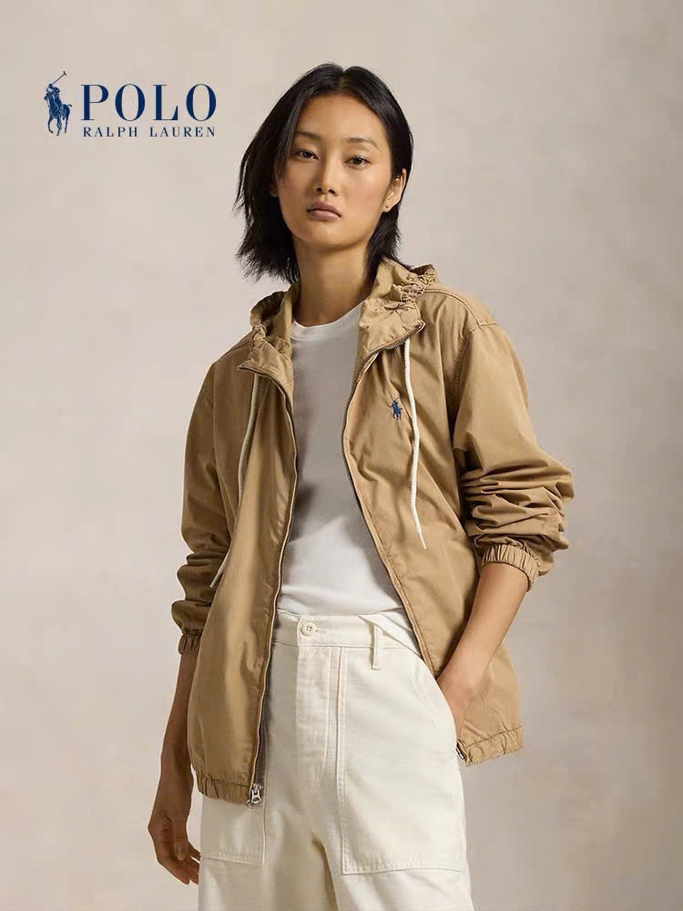 Jacket khaki Polo RL có mũ thêu logo đỏ