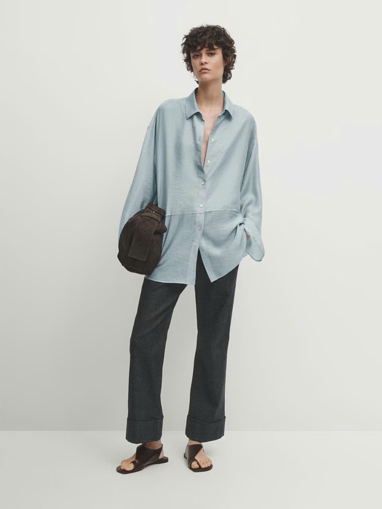 Sơ mi Massimo Dutti xanh bơ xếp ly ngực