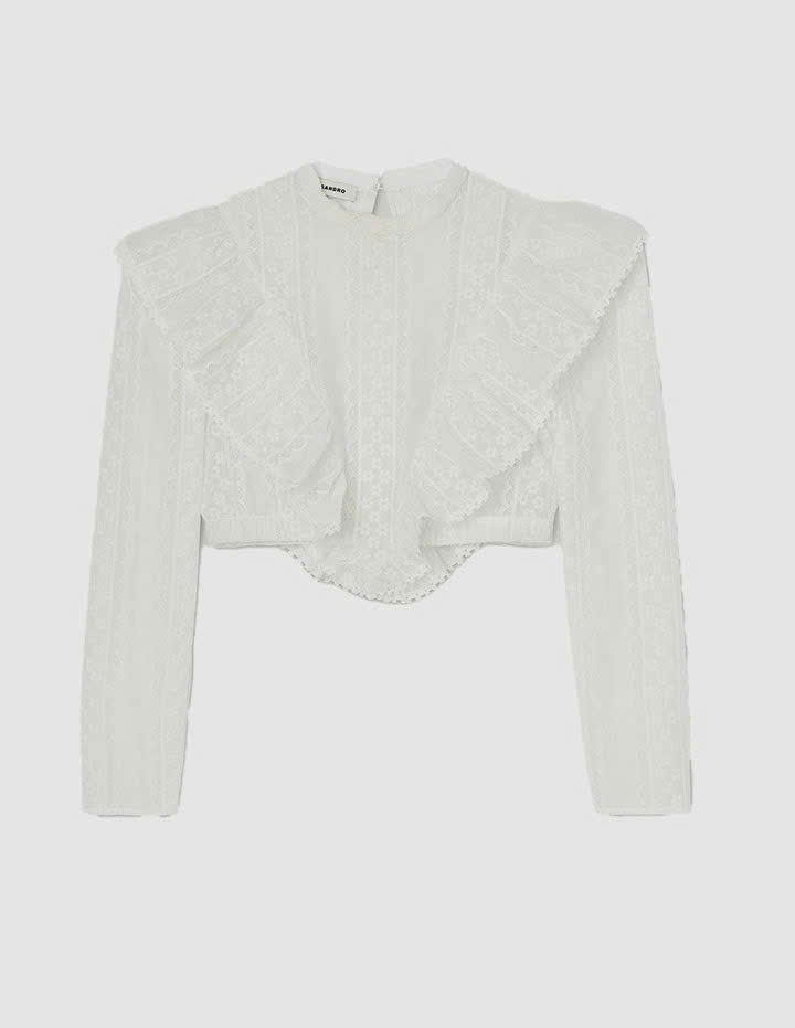 Sơ mi Sandro crop thêu ren chỉ bèo V