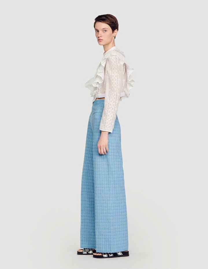 Sơ mi Sandro crop thêu ren chỉ bèo V