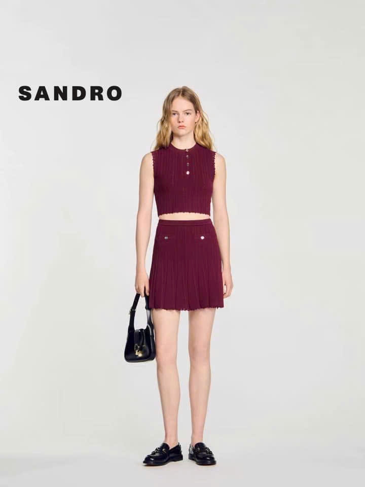 Set len dệt kim Sandro màu boocđo
