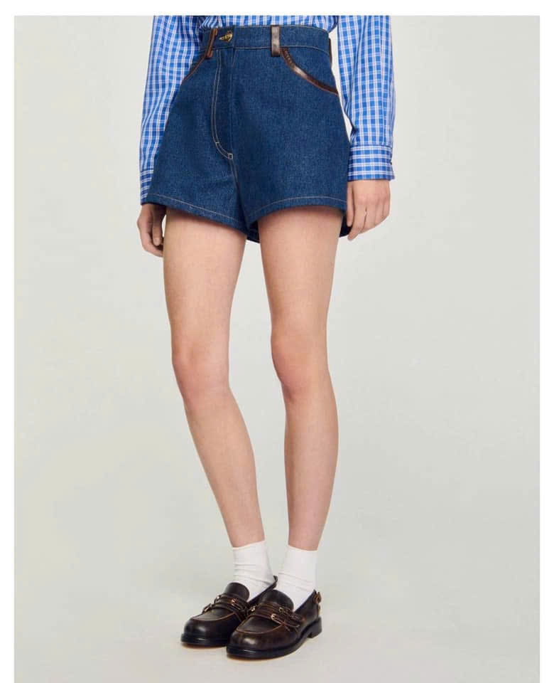 Quần short denim viền da nâu Sandro