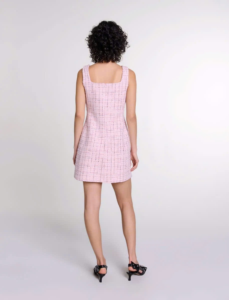 Đầm ngắn tweed kẻ cổ vuông